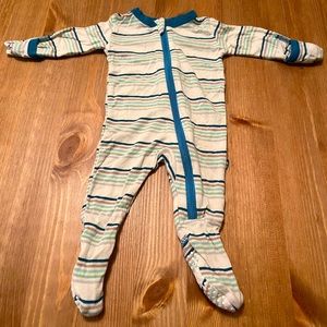 Green, blue, and grey striped kickee pants footie. Excellent condition.